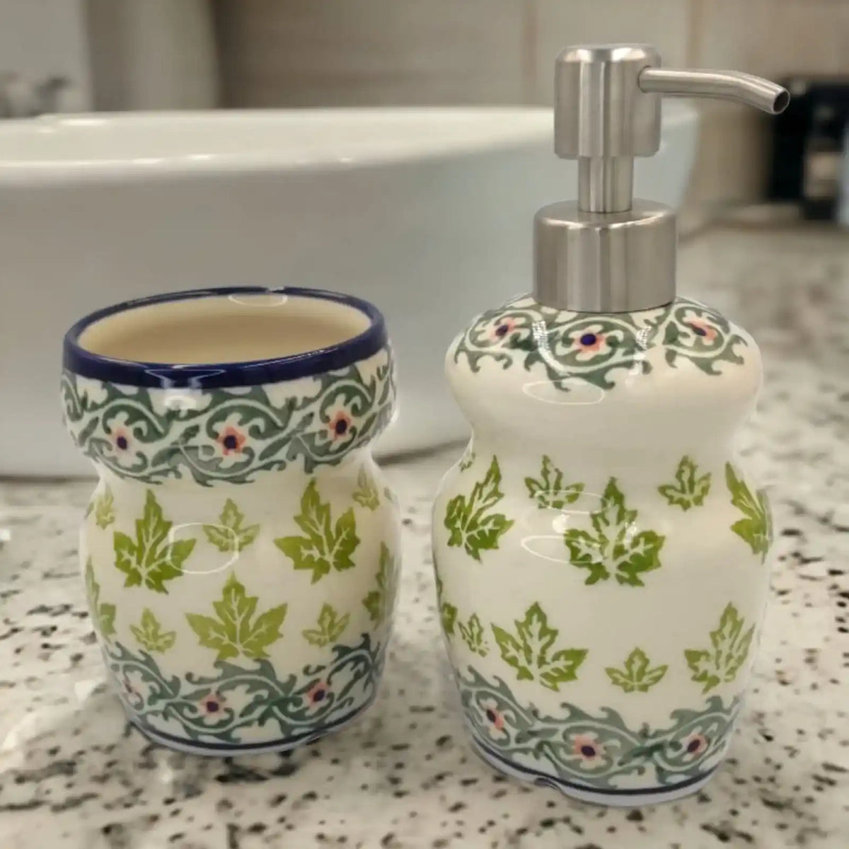 Polish-pottery-Bathroom-Mug-and-Polish-pottery-Soap-dispenser