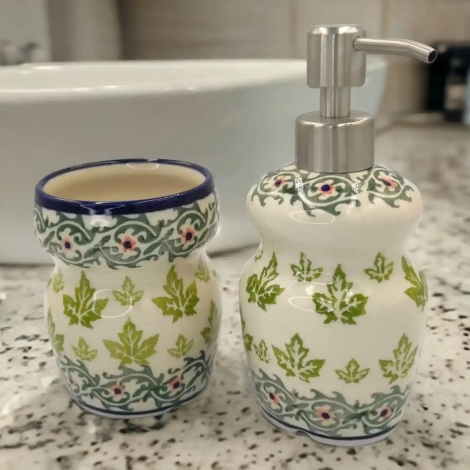 Polish-pottery-Bathroom-Mug-and-Polish-pottery-Soap-dispenser