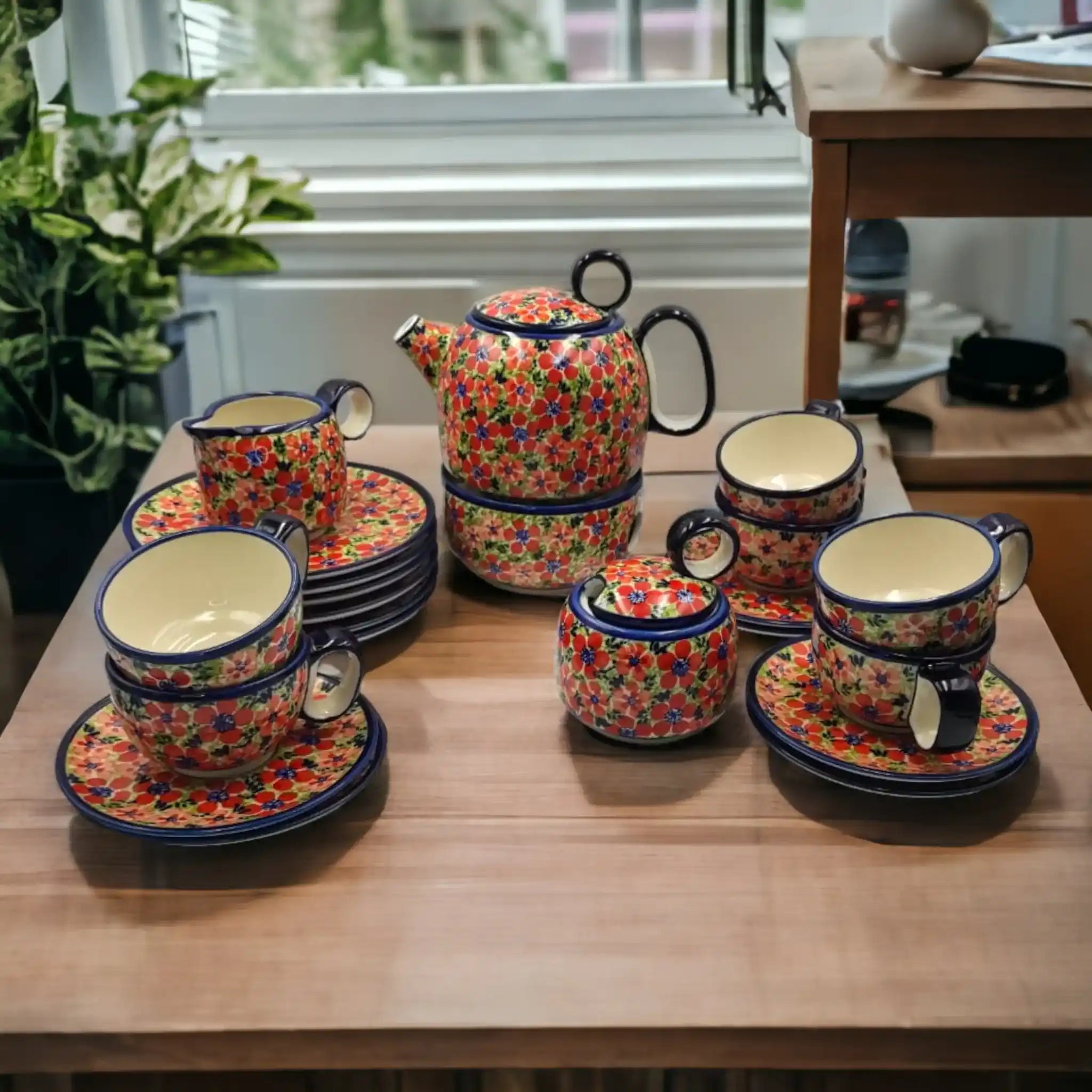 Polish-pottery-Coffee-and-Tea-set-Red-Flower-Meadow_7