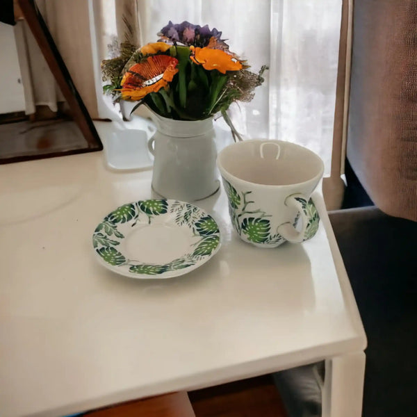 Polish-pottery-Cup-with-saucer-Tulip-Monstera-Leaves_5